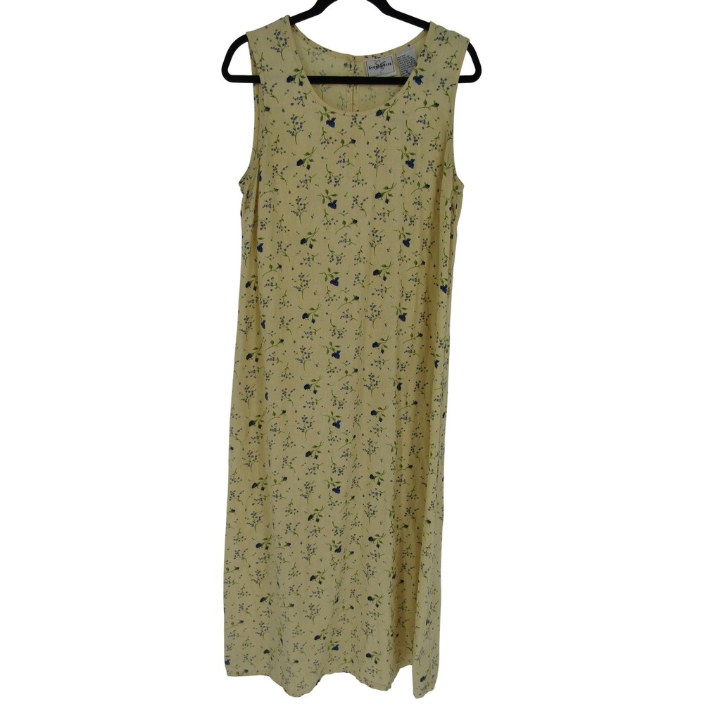 Studio Ease Maxi Dress Womens 16 Yellow Floral Linen Blend Sleeveless Vintage